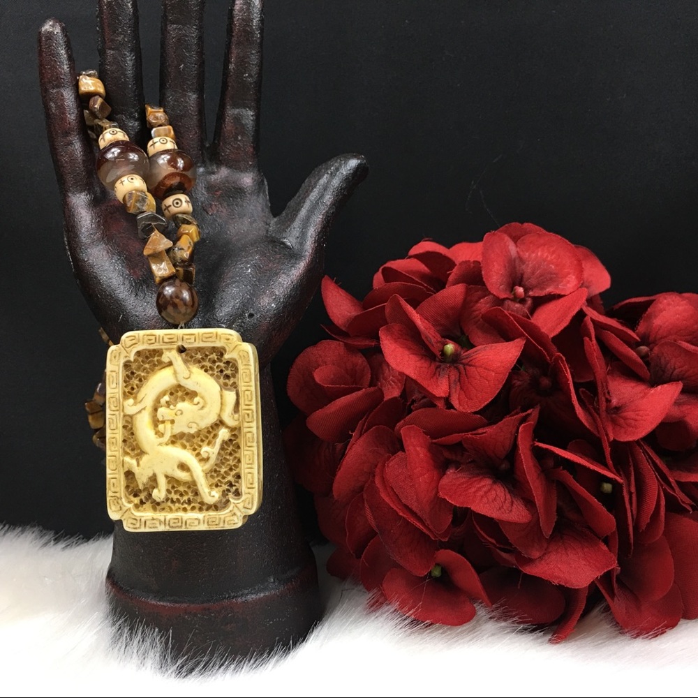 Double-sided Carved Bone & Stone Necklace